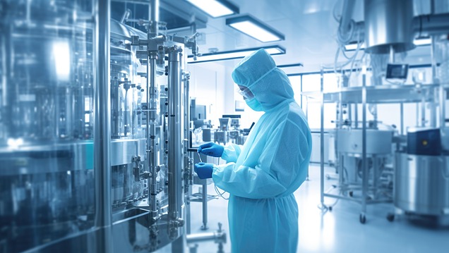 Picture of a person in a protective suit standing in a laboratory