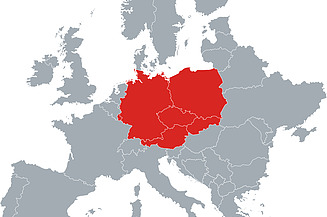 Graphic of a map of Europe with countries colored red