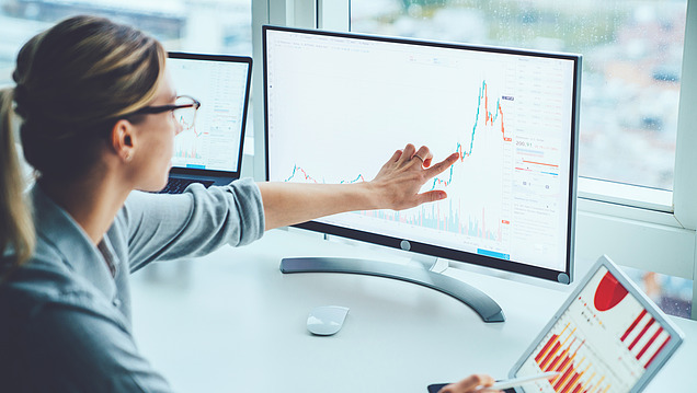 Woman at desk in front of window, points to screen on which various graphics are displayed.