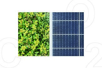 Collage of bushes, a photovoltaic system and the letters C, O, 2