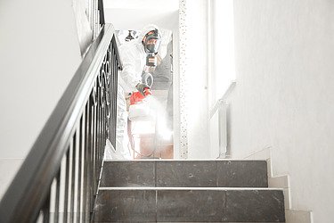 Picture of a person in a protective suit disinfecting