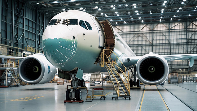 Bild von einem Flugzeug in einer Halle