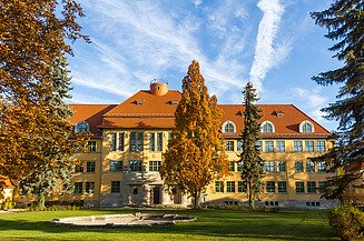 Photo of a school building with trees in front of it