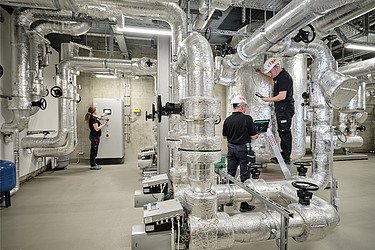 Photo of employees in a technical room with pipes they are working on